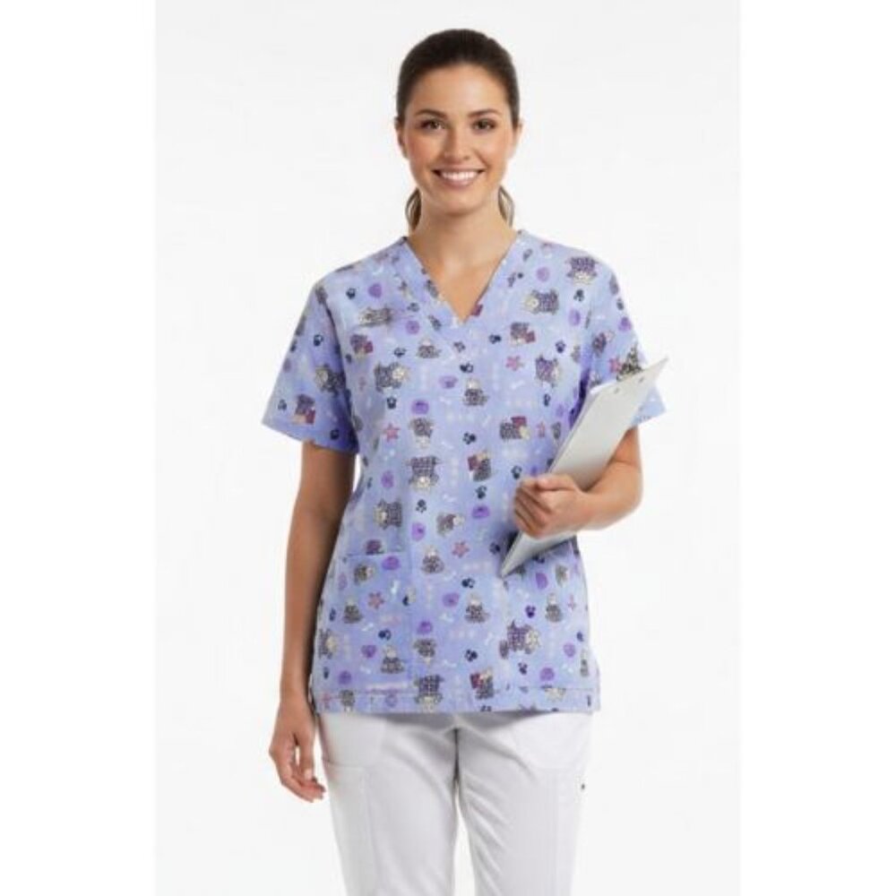 Denver Hayes Blue Printed Nurse Scrub Top Shirt Dog Bones Theme